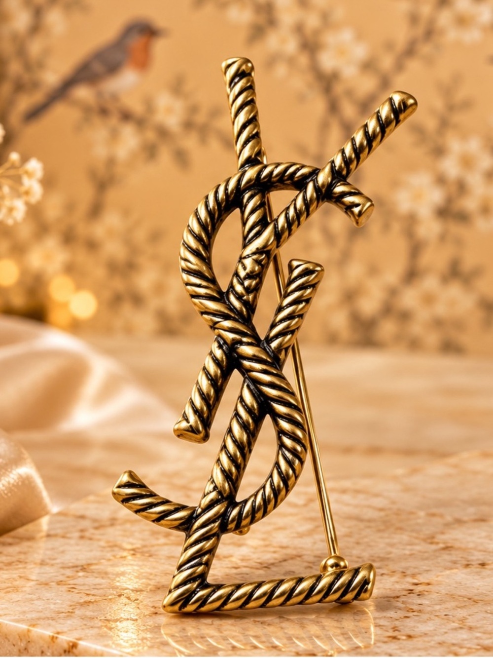 Vintage Style Twisted Rope Statement Brooch Antique Gold Tone Fifi Closet